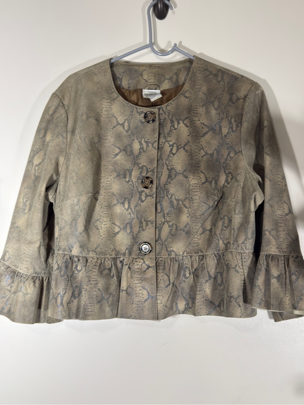 Vintage Newport News Snakeskin Print 100% Leather Taupe Ruffle-Hem Peplum Jacket